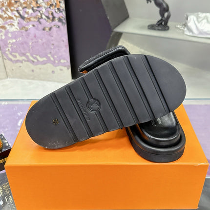 LV 26S POOL PILLOW SLIDES IN BLACK WHITE MONOGRAM DENIM AND CALFSKIN