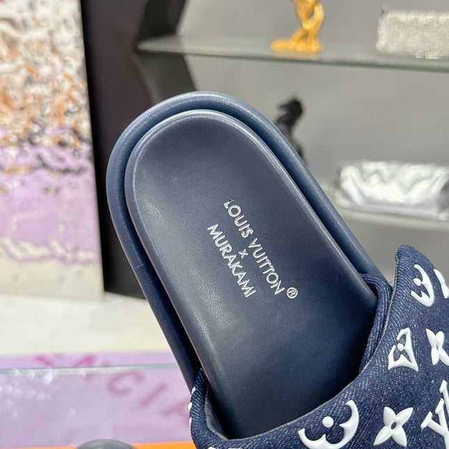 LV 26S POOL PILLOW SLIDES IN NAVY WHITE MONOGRAM DENIM AND CALFSKIN