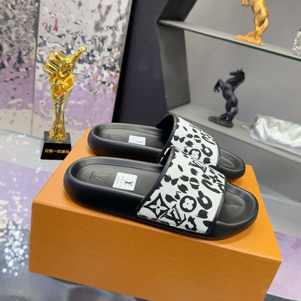 LV 26S SLIDE SANDALS IN WHITE BLACK CALFSKIN AND CANVAS