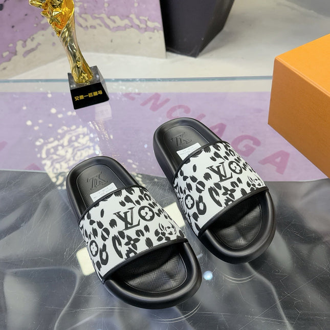 LV 26S SLIDE SANDALS IN WHITE BLACK CALFSKIN AND CANVAS