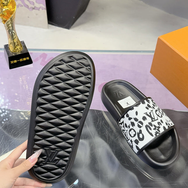 LV 26S SLIDE SANDALS IN WHITE BLACK CALFSKIN AND CANVAS