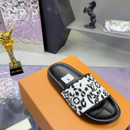 LV 26S SLIDE SANDALS IN WHITE BLACK CALFSKIN AND CANVAS