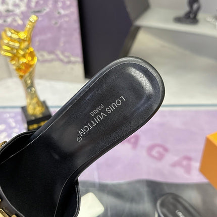 LV 26S BLOCK HEEL MULE SANDALS IN BLACK CALFSKIN GOLD HARDWARE