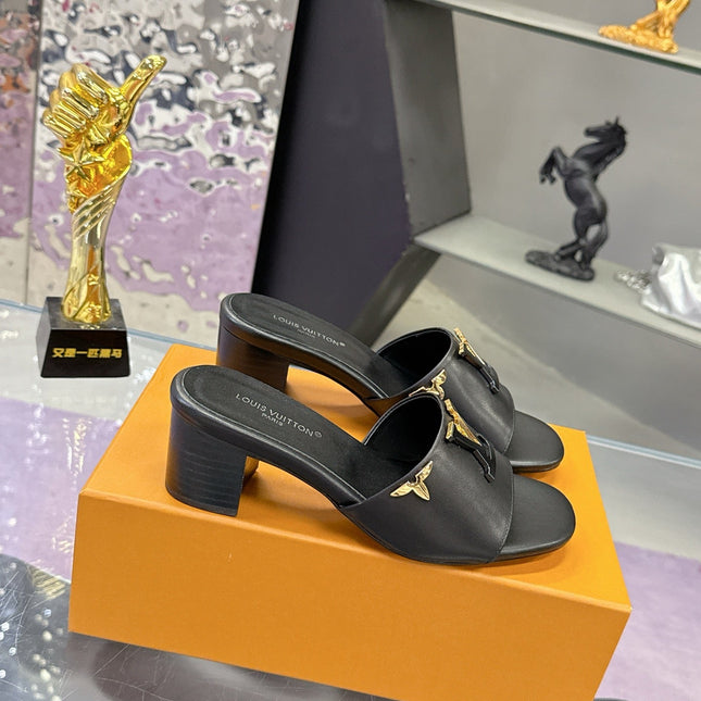 LV 26S BLOCK HEEL MULE SANDALS IN BLACK CALFSKIN GOLD HARDWARE