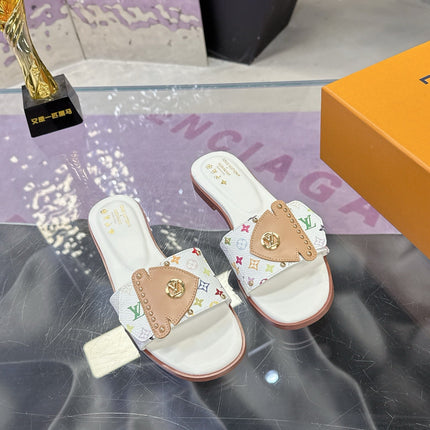 LV 26S FLAT SLIDE SANDALS IN WHITE MULTICOLOR CALFSKIN GOLD HARDWARE