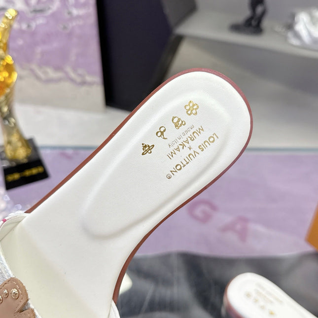 LV 26S FLAT SLIDE SANDALS IN WHITE MULTICOLOR CALFSKIN GOLD HARDWARE