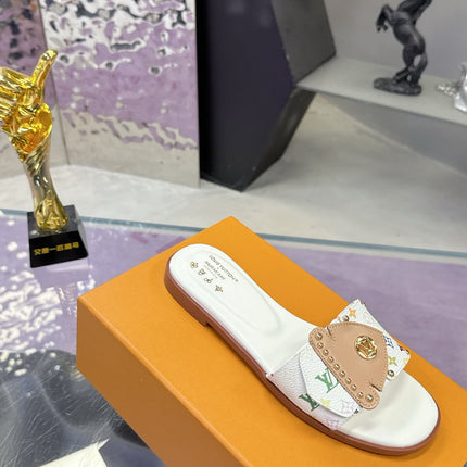 LV 26S FLAT SLIDE SANDALS IN WHITE MULTICOLOR CALFSKIN GOLD HARDWARE