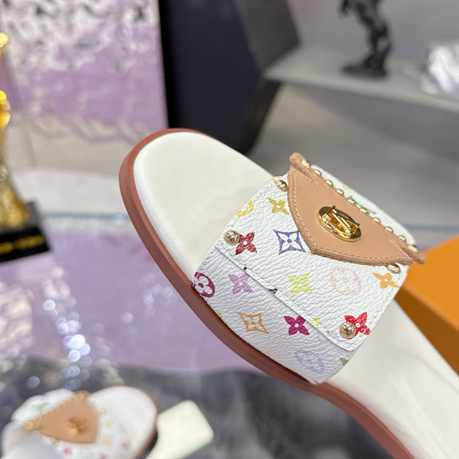 LV 26S FLAT SLIDE SANDALS IN WHITE MULTICOLOR CALFSKIN GOLD HARDWARE