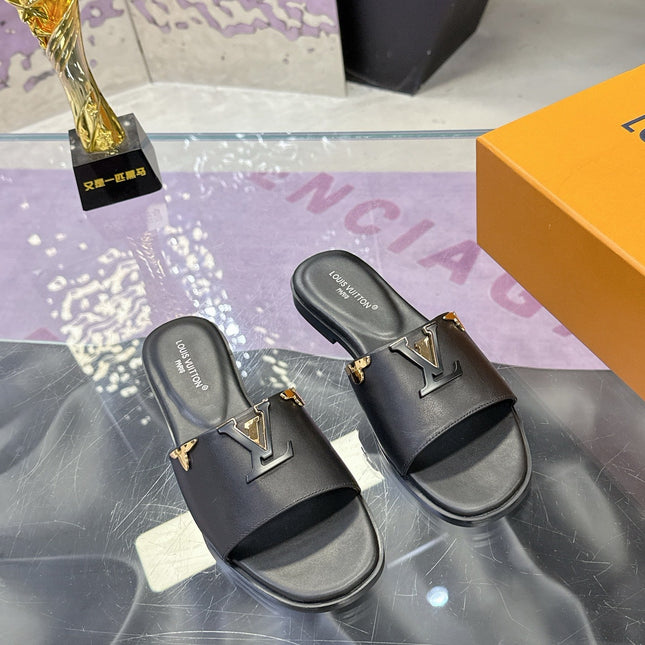 LV 26S FLAT SLIDE SANDALS IN BLACK CALFSKIN GOLD HARDWARE