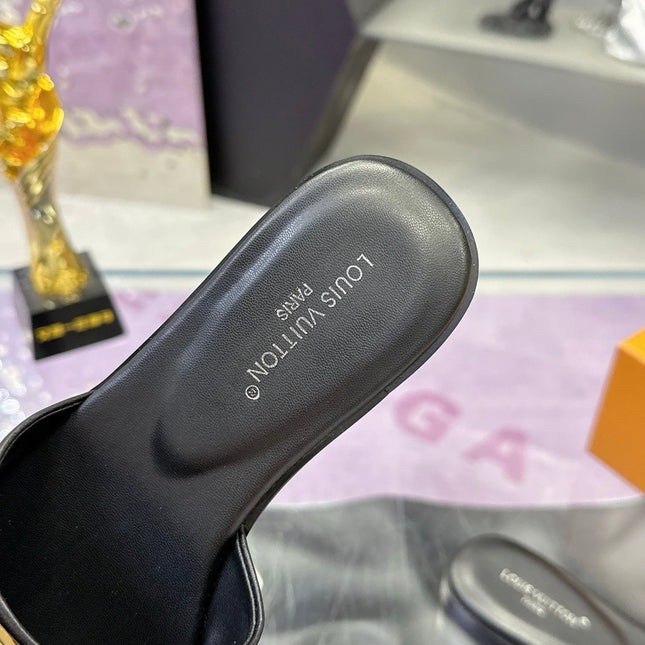 LV 26S FLAT SLIDE SANDALS IN BLACK CALFSKIN GOLD HARDWARE