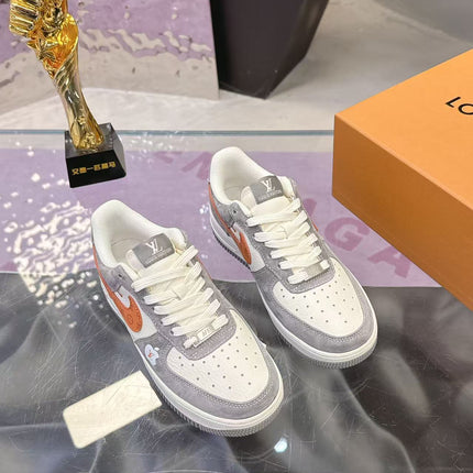 LV 26S DUNK LOW SNEAKERS IN WHITE GREY ORANGE MONOGRAM SWOOSH CALFSKIN