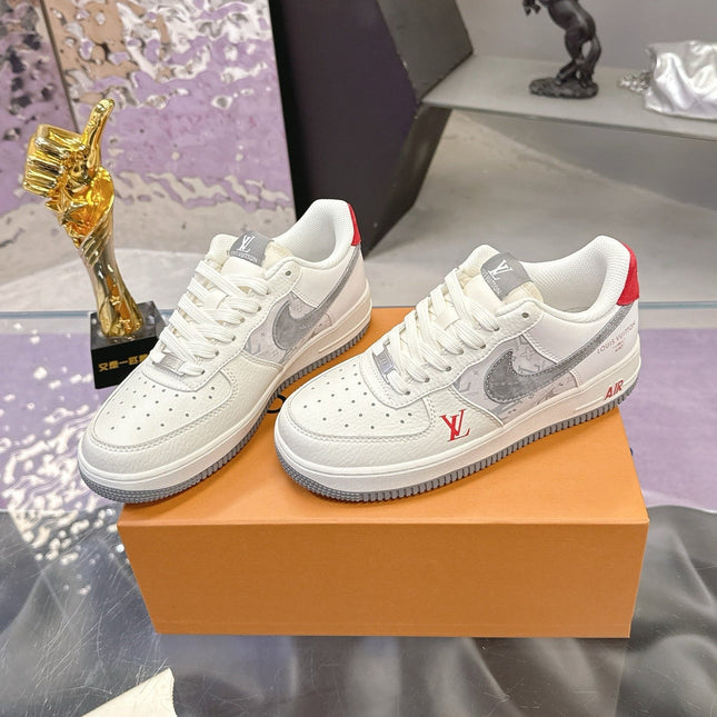 LV 26S DUNK LOW SNEAKERS IN WHITE GREY MONOGRAM SWOOSH CALFSKIN