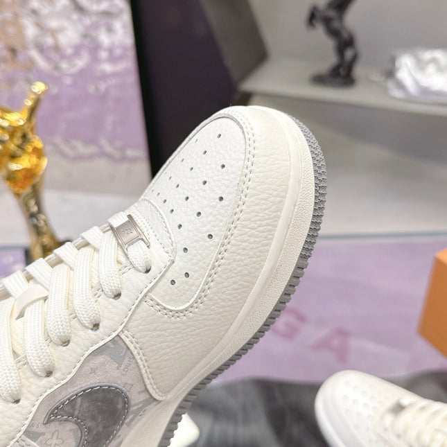 LV 26S DUNK LOW SNEAKERS IN WHITE GREY MONOGRAM SWOOSH CALFSKIN