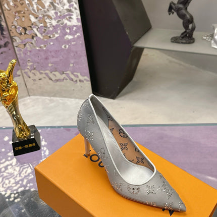 LV 26S GALA HIGH HEELS 85MM IN GREY MESH WITH WITH RHINESTONES
