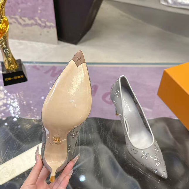 LV 26S GALA HIGH HEELS 85MM IN GREY MESH WITH WITH RHINESTONES