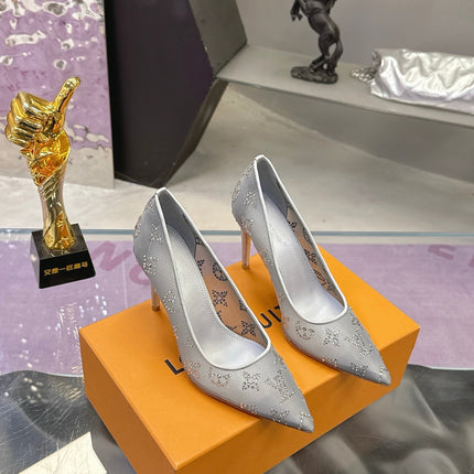 LV 26S GALA HIGH HEELS 85MM IN GREY MESH WITH WITH RHINESTONES