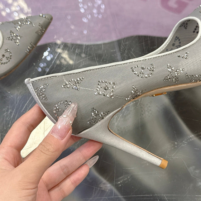 LV 26S GALA HIGH HEELS 85MM IN GREY MESH WITH WITH RHINESTONES