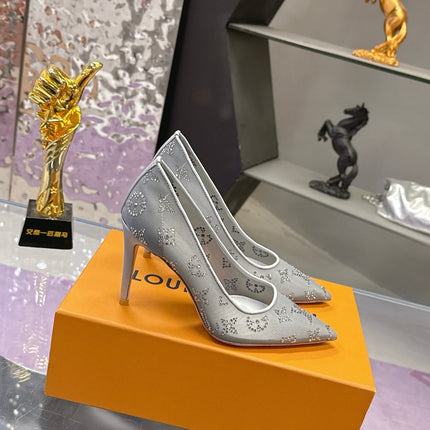 LV 26S GALA HIGH HEELS 85MM IN GREY MESH WITH WITH RHINESTONES
