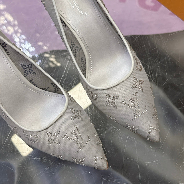 LV 26S GALA HIGH HEELS 85MM IN GREY MESH WITH WITH RHINESTONES
