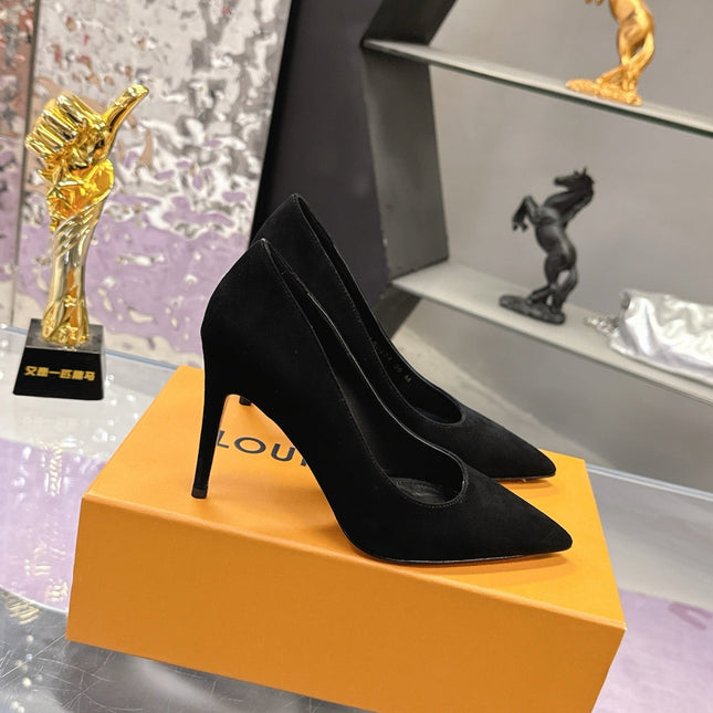 LV 26S POINTED TOE PUMPS 85MM IN BLACK SUEDE