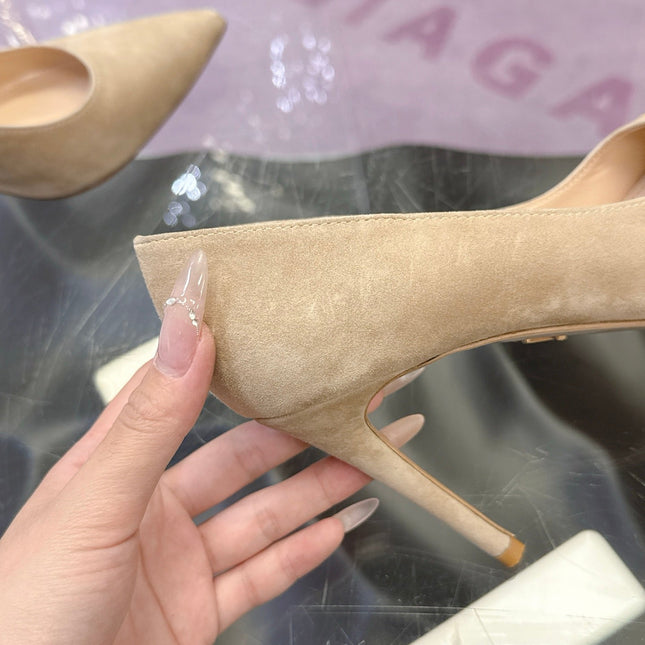 LV 26S POINTED TOE PUMPS 85MM IN NUDE BEIGE SUEDE