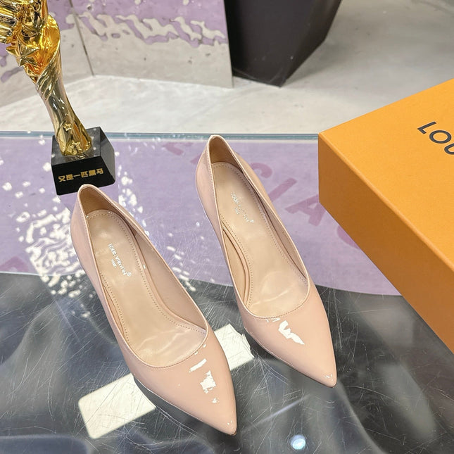LV 26S POINTED TOE PUMPS 85MM IN NUDE BEIGE PATENT CALFSKIN