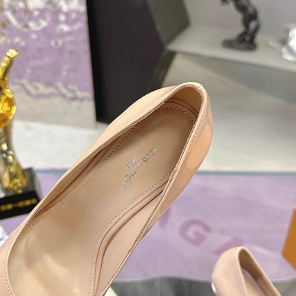 LV 26S POINTED TOE PUMPS 85MM IN NUDE BEIGE PATENT CALFSKIN