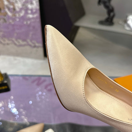 LV 26S POINTED TOE PUMPS 85MM IN NUDE BEIGE SATIN