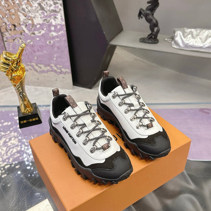 LV 26S RUSH XPLORER SNEAKER IN WHITE BLACK CALFSKIN AND SUEDE