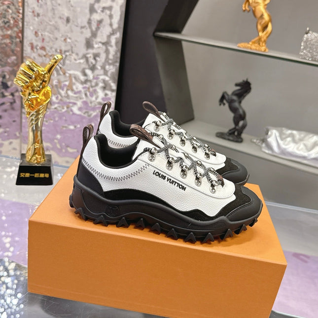 LV 26S RUSH XPLORER SNEAKER IN WHITE BLACK CALFSKIN AND SUEDE