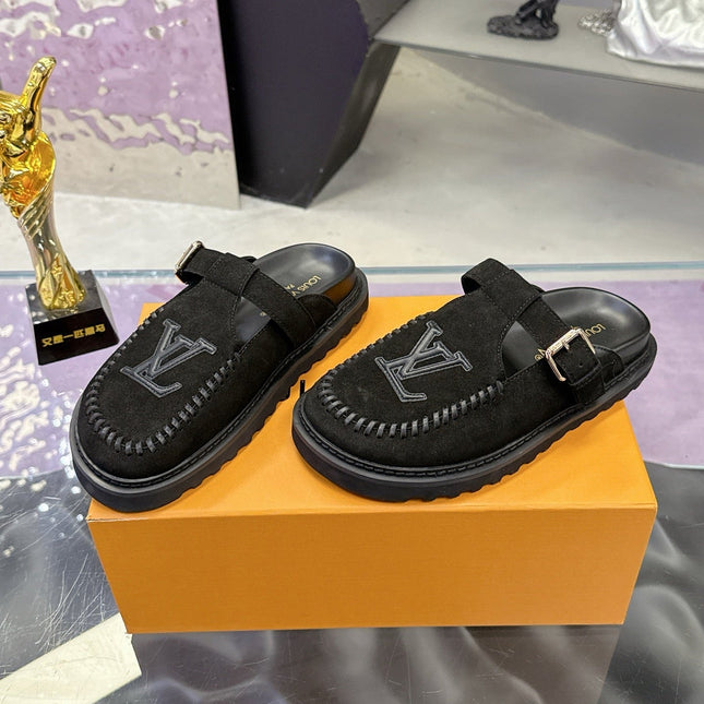 LV 26S MULE SLIDES IN BLACK SUEDE BUCKLE STRAP