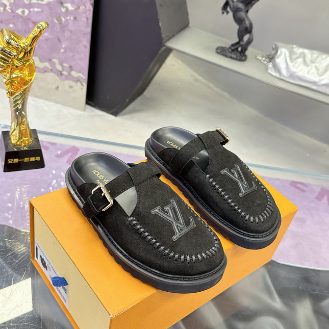 LV 26S MULE SLIDES IN BLACK SUEDE BUCKLE STRAP