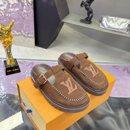 LV 26S MULE SLIDES IN DARK BROWN SUEDE BUCKLE STRAP