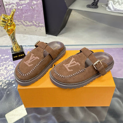 LV 26S MULE SLIDES IN DARK BROWN SUEDE BUCKLE STRAP