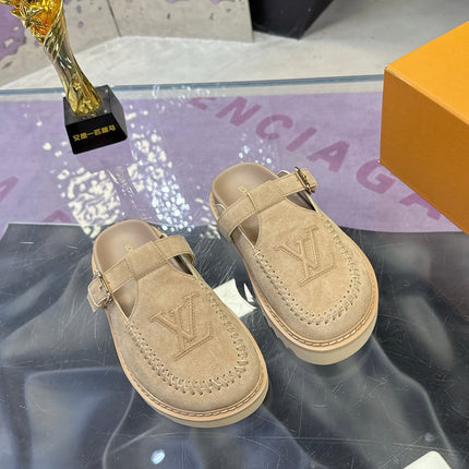 LV 26S MULE SLIDES IN BEIGE SUEDE BUCKLE STRAP