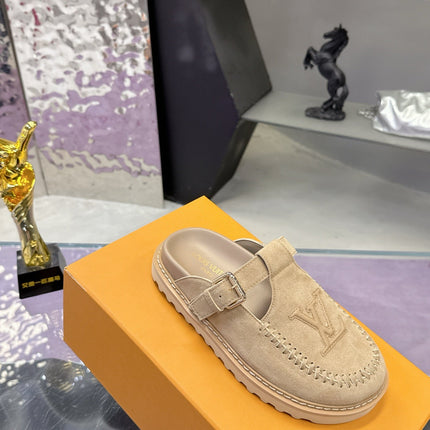 LV 26S MULE SLIDES IN BEIGE SUEDE BUCKLE STRAP