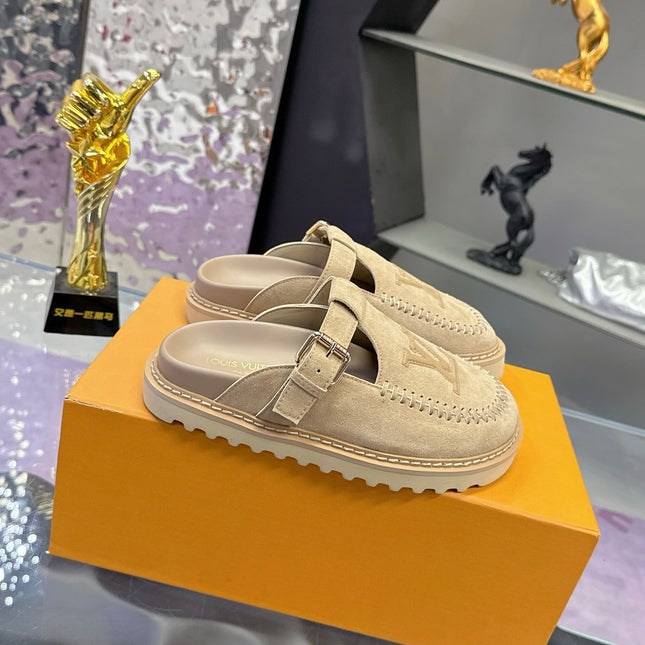 LV 26S MULE SLIDES IN BEIGE SUEDE BUCKLE STRAP