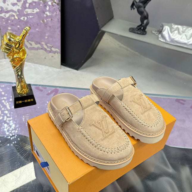 LV 26S MULE SLIDES IN BEIGE SUEDE BUCKLE STRAP