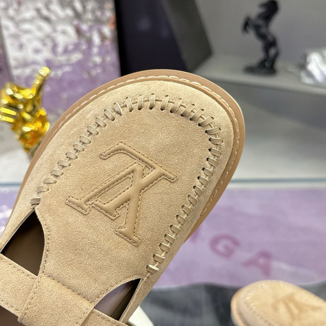 LV 26S MULE SLIDES IN BEIGE SUEDE BUCKLE STRAP
