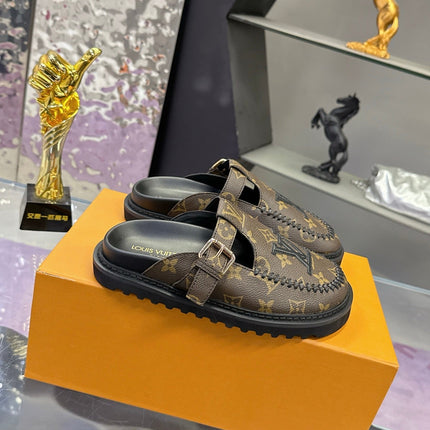 LV 26S MULE SLIDES IN DARK BROWN MONOGRAM CALFSKIN BUCKLE STRAP
