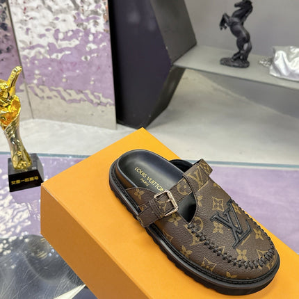 LV 26S MULE SLIDES IN DARK BROWN MONOGRAM CALFSKIN BUCKLE STRAP