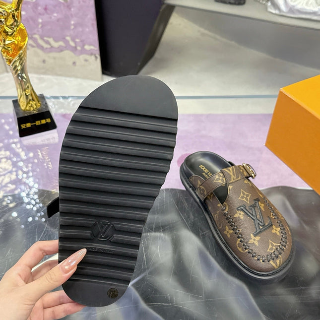 LV 26S MULE SLIDES IN DARK BROWN MONOGRAM CALFSKIN BUCKLE STRAP