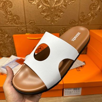 HM CIRCLE CUT SANDAL WHITE AND CARAMEL CALFSKIN