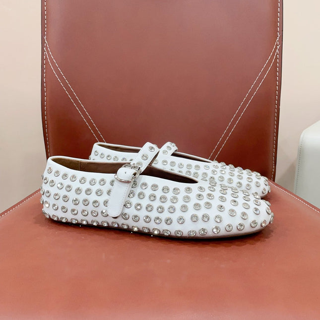 ALAIA MARY JANE SHOES IN WHITE LAMBKIN ATTACH RHINSTONES