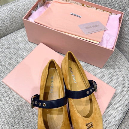 MIUMIU 26S MARY JANE FLATS IN GOLD BROWN SUEDE WITH BLACK BUCKLE STRAP