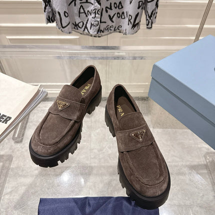 PRADA 26S PLATFORM LOAFERS 45MM IN DARK BROWN SUEDE