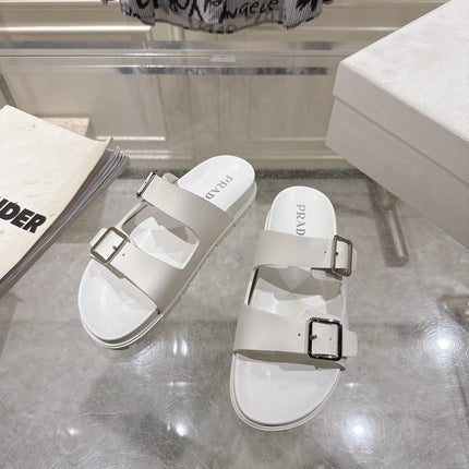 PRADA 26S SLIDES SANDALS IN WHITE CALFSKIN SILVER HARDWARE