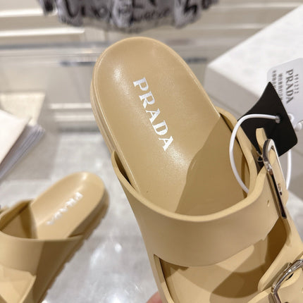 PRADA 26S SLIDES SANDALS IN BEIGE CALFSKIN SILVER HARDWARE