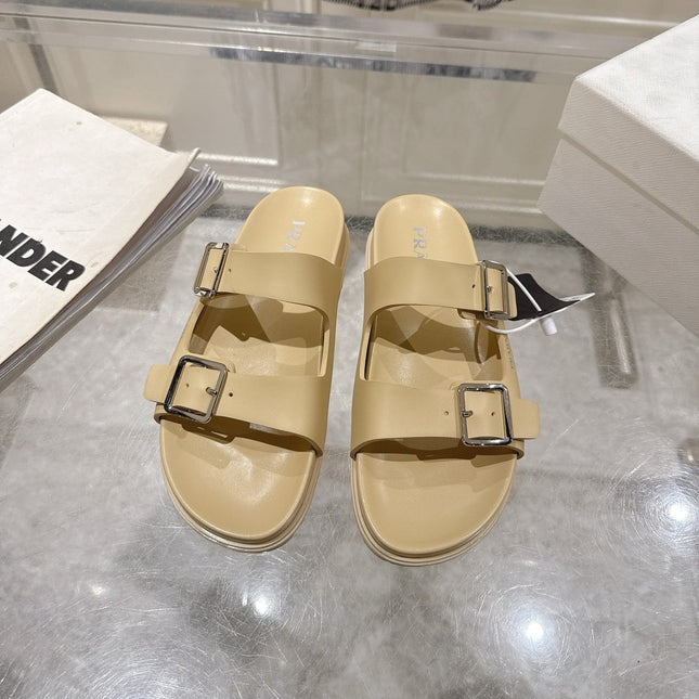 PRADA 26S SLIDES SANDALS IN BEIGE CALFSKIN SILVER HARDWARE