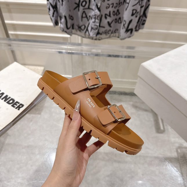 PRADA 26S SLIDES SANDALS IN CARAMEL BROWN CALFSKIN SILVER HARDWARE